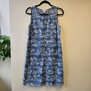 Women's L Blue Sleeveless Palm Tree Print Denim Chambray Shift‎ Dress Jumper